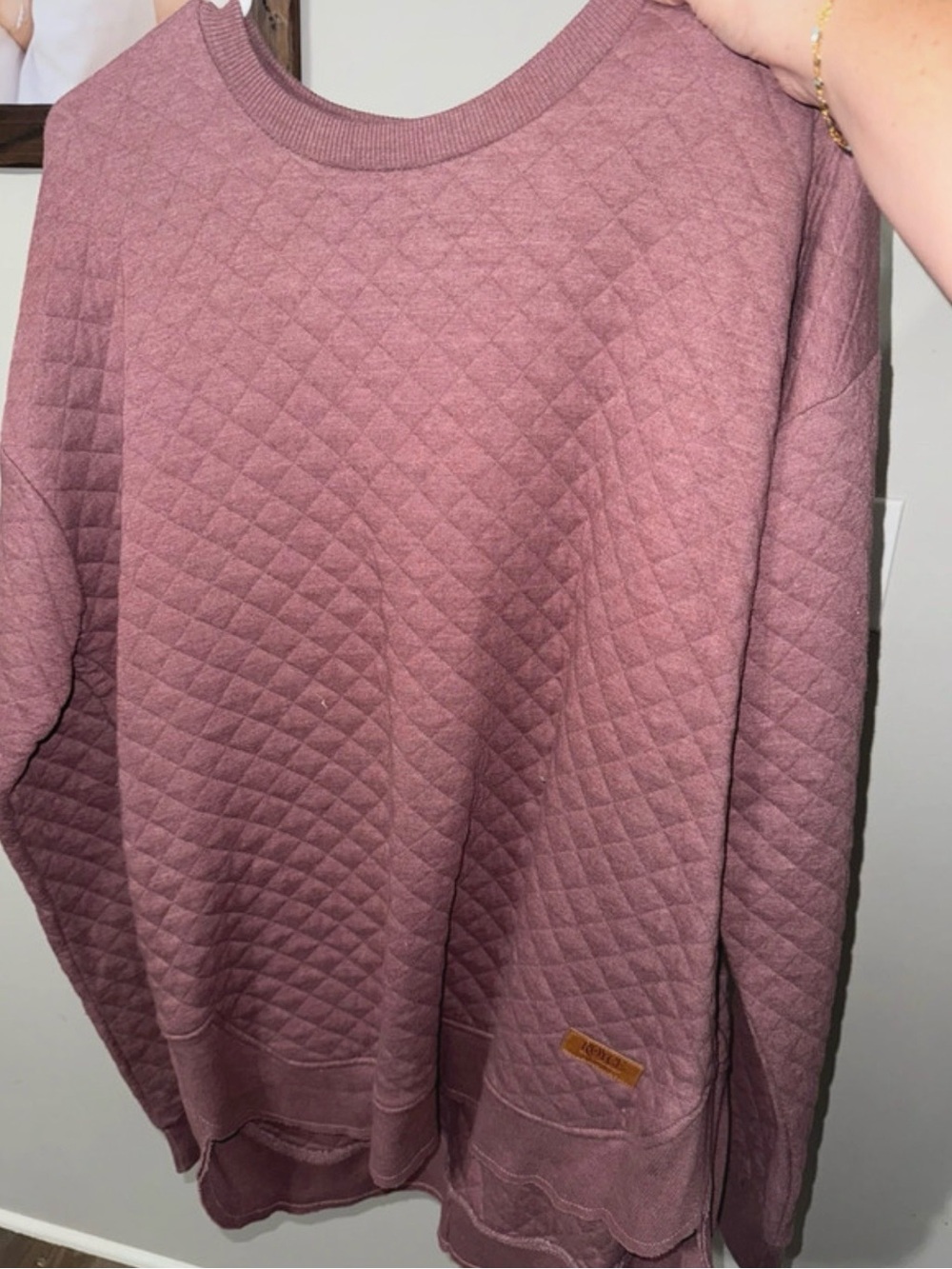 Quilted Mauve Crewneck Sweater with Subtle Leather Patch